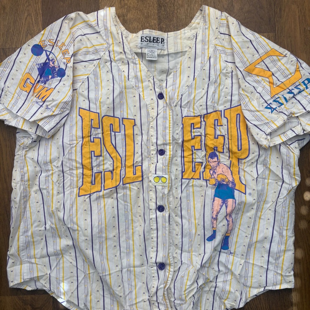 Vintage 1990's Esleep Boxer E Is For Sleep Gym Peace Sign Pajama Button Up Shirt
